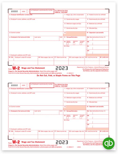 Intuit QuickBooks W2 Tax Forms for 2023, Copy A Federal Employer, Official Red Scannable Preprinted W-2 Forms Compatible with QuickBooks at Discount Prices, No Coupon Needed - DiscountTaxForms.com