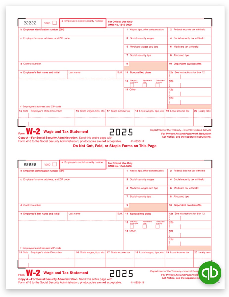 Order Intuit QuickBooks Compatible W2 Tax Forms for 2025, Copy A Federal Employer, Official Red Scannable Preprinted W-2 Forms Compatible with QuickBooks. Easy E-Filing Options Too. Discount Prices, No Coupon Needed - DiscountTaxForms.com