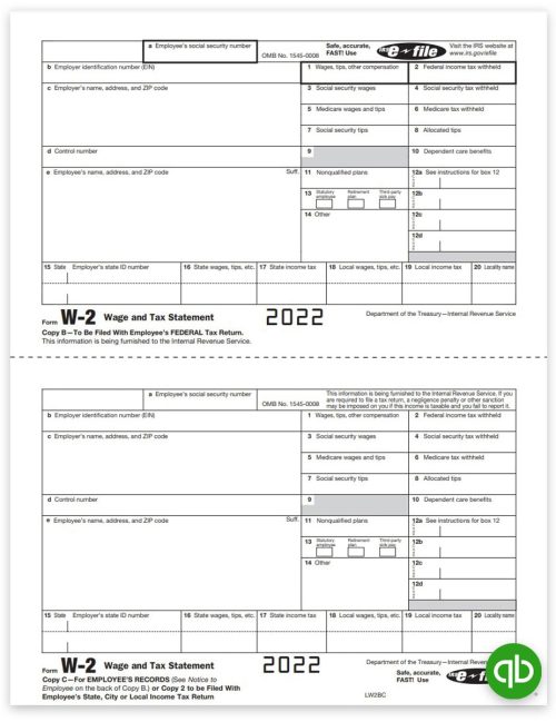 Intuit QuickBooks W2 Tax Forms, Copy B-C Employee Federal and File, Official Preprinted W-2 Forms Compatible with QuickBooks at Discount Prices, No Coupon Needed - DiscountTaxForms.com