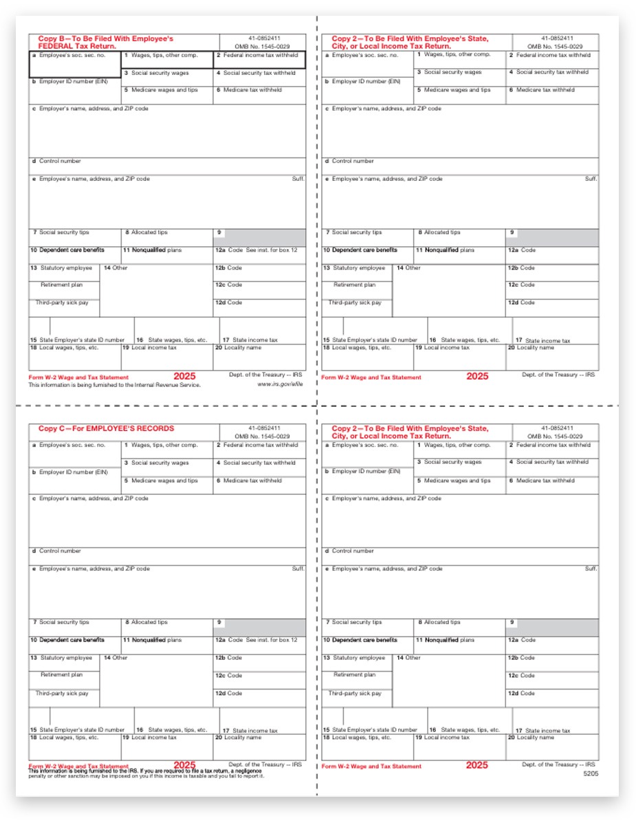 Order W2 Form 4up V1 with Quadrant Corner Layout for 2025, Order W2 Forms at Big Discounts, No Coupon Code Needed - DiscountTaxForms.com