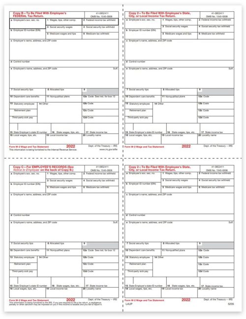 W2 Tax Form 4up V1 Quadrant Corner Layout with Employee W2 Copies B, C, 2, 2 in 4up Format - DiscountTaxForms.com