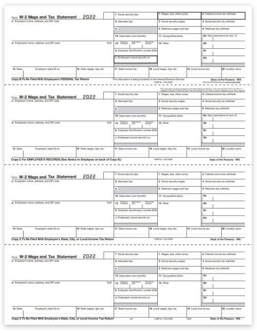 W2 Tax Form 4up V2 Horizontal Layout with W2 Employee Copies B, C, 2, 2 on a 4up Perforated Sheet, Software Compatible - DiscountTaxForms.com