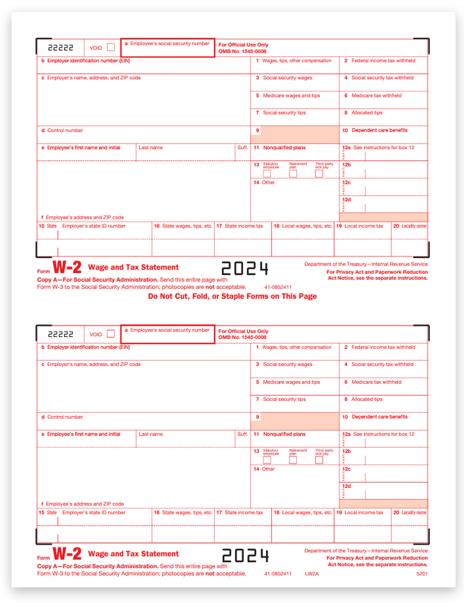 2024 W2 Tax Form Copy A for Employer Federal Filing with SSA, Red Scannable Ink, Official W2 Federal Tax Form. Efiling Options for Business - DiscountTaxForms.com