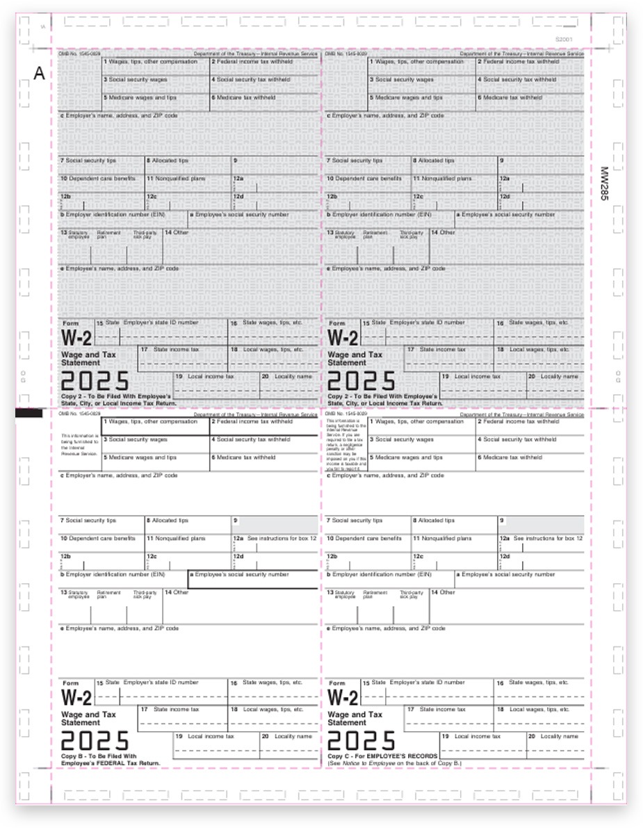 W2 Pressure Seal Forms for 2025, 4up 11-inch V-Fold, Preprinted 4up Quadrant V1 Corner Format - DiscountTaxForms.com