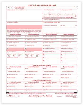 W2C Correction Form, Copy A for Employer Federal Filing with SSA, Official Red-Scannable Preprinted W2-C Forms for Correcting W2 Tax Forms - DiscountTaxForms.com