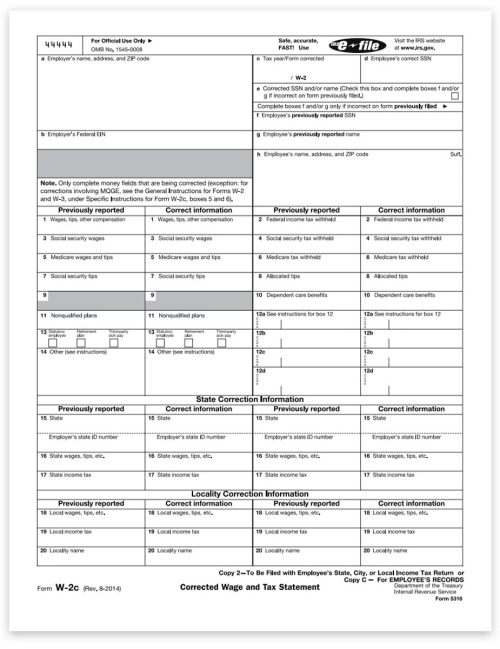 W2C Correction Form, Copy C-2 for Employee State, Local or File, Official Preprinted W2-C Forms for Correcting W2 Tax Forms - DiscountTaxForms.com