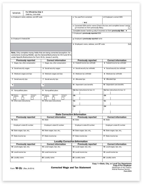 W2C Correction Form, Copy 1-D for Employer State, Local or File, Official Preprinted W2-C Forms for Correcting W2 Tax Forms - DiscountTaxForms.com