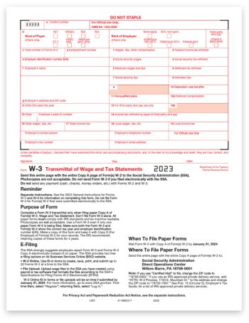 2023 W3 Forms for Transmittal of W2 Copy A Forms to the SSA by Employers, Red Scannable Official Preprinted W-3 Forms - DiscountTaxForms.com