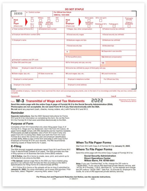 2-pt W3 Forms for Transmittal of W2 Copy A Forms to the SSA by Employers, Red Scannable Official Preprinted W-3 Forms - DiscountTaxForms.com