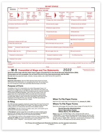 W3 Forms for Transmittal of W2 Copy A Forms to the SSA by Employers, Red Scannable Official Preprinted W-3 Forms - DiscountTaxForms.com