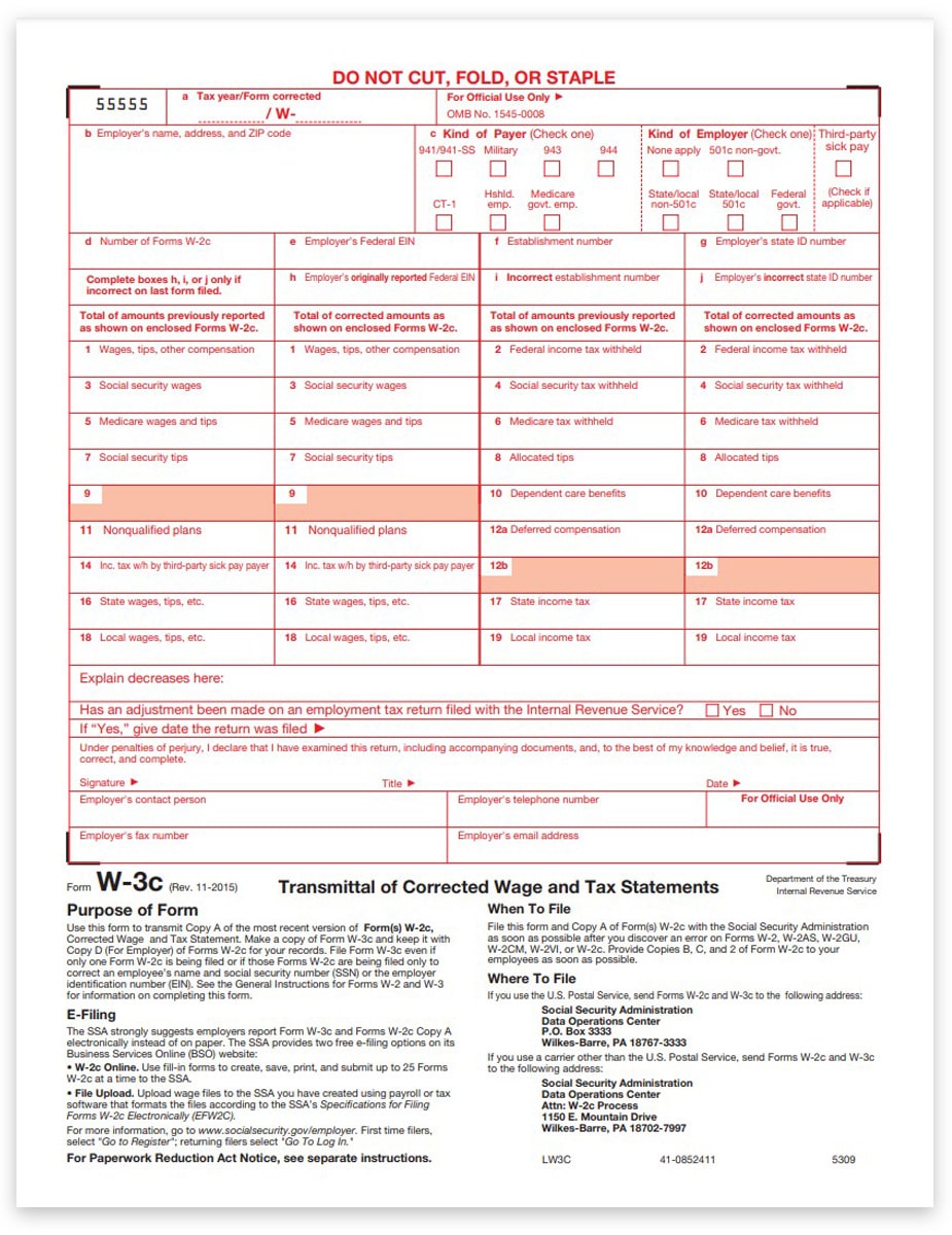 W3C Correction Transmittal Forms for W2C Filing