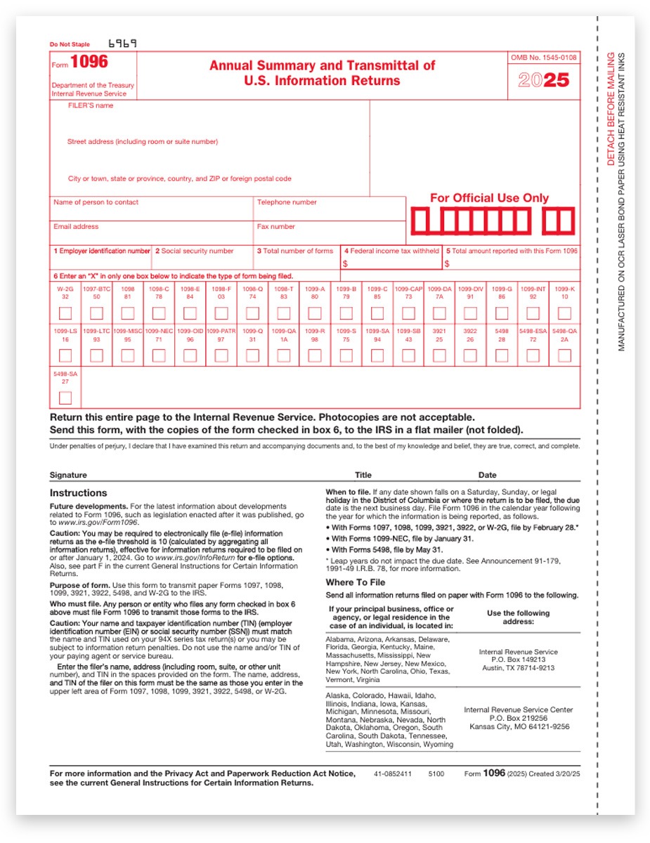 1096 Form for Summary and Transmittal of 2025 1099 Forms to the IRS by Payers. 1099 Efiling Options. Big Discounts, No Coupon Needed with The Tax Form Gals - DiscountTaxForms.com