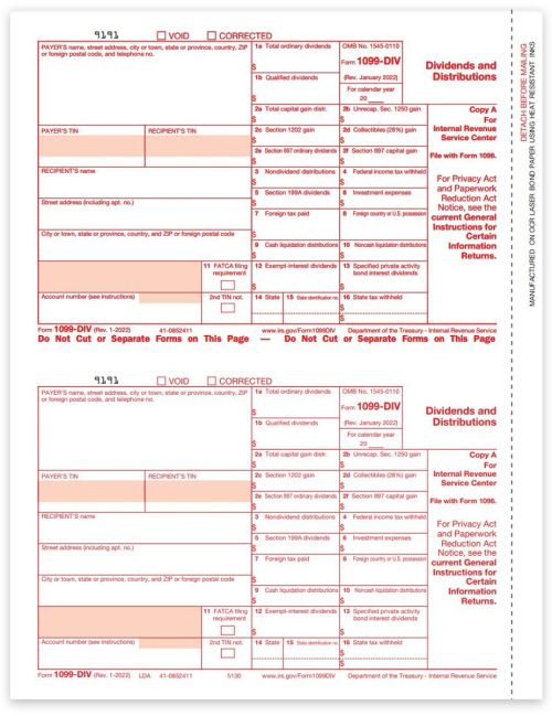 1099DIV Tax Forms for 2022, Red-Scannable Federal Copy A for the IRS, Official Preprinted 1099-INT Forms - DiscountTaxForms.com