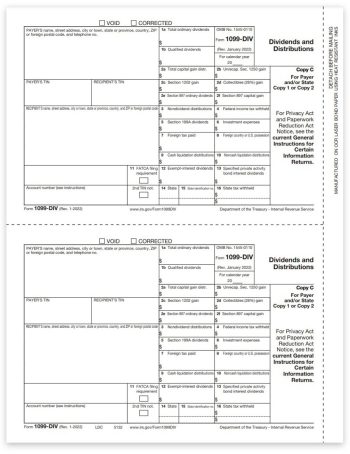 1099DIV Tax Forms for 2022, Payer Copy C-1-2 for State or Files, Official Preprinted 1099-DIV Forms - DiscountTaxForms.com