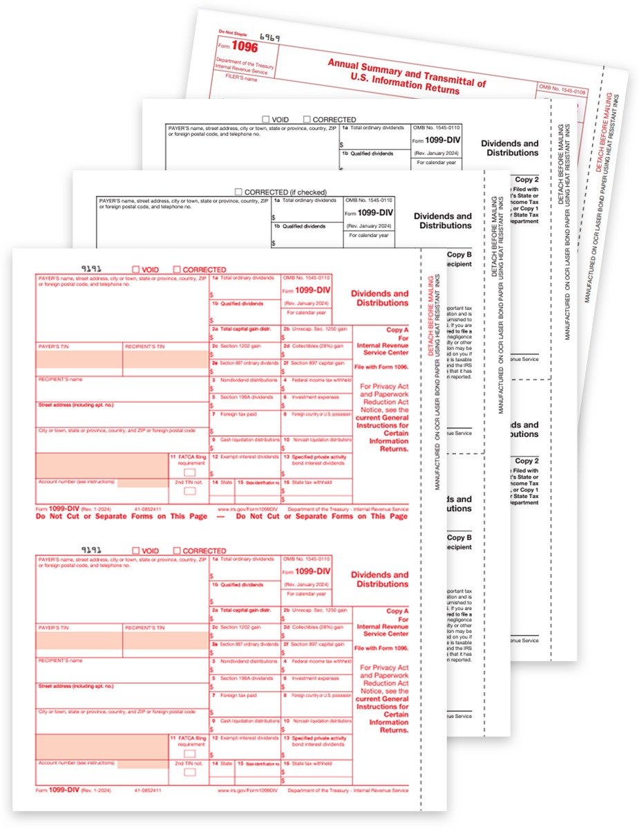 Order 1099DIV Tax Forms for Dividends and Distributions Income Reporting. 1099-DIV Forms Set with Payer, Recipient Copies, 1096 Form. Easy E-File Options at Discount Price, No Coupon Needed - DiscountTaxForms.com