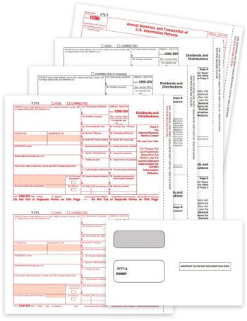 1099DIV Tax Forms and Envelopes Sets for Dividends and Distributions Income Reporting, Order 1099DIV Forms Set with Payer, Recipient Copies, 1096 Form - DiscountTaxForms.com