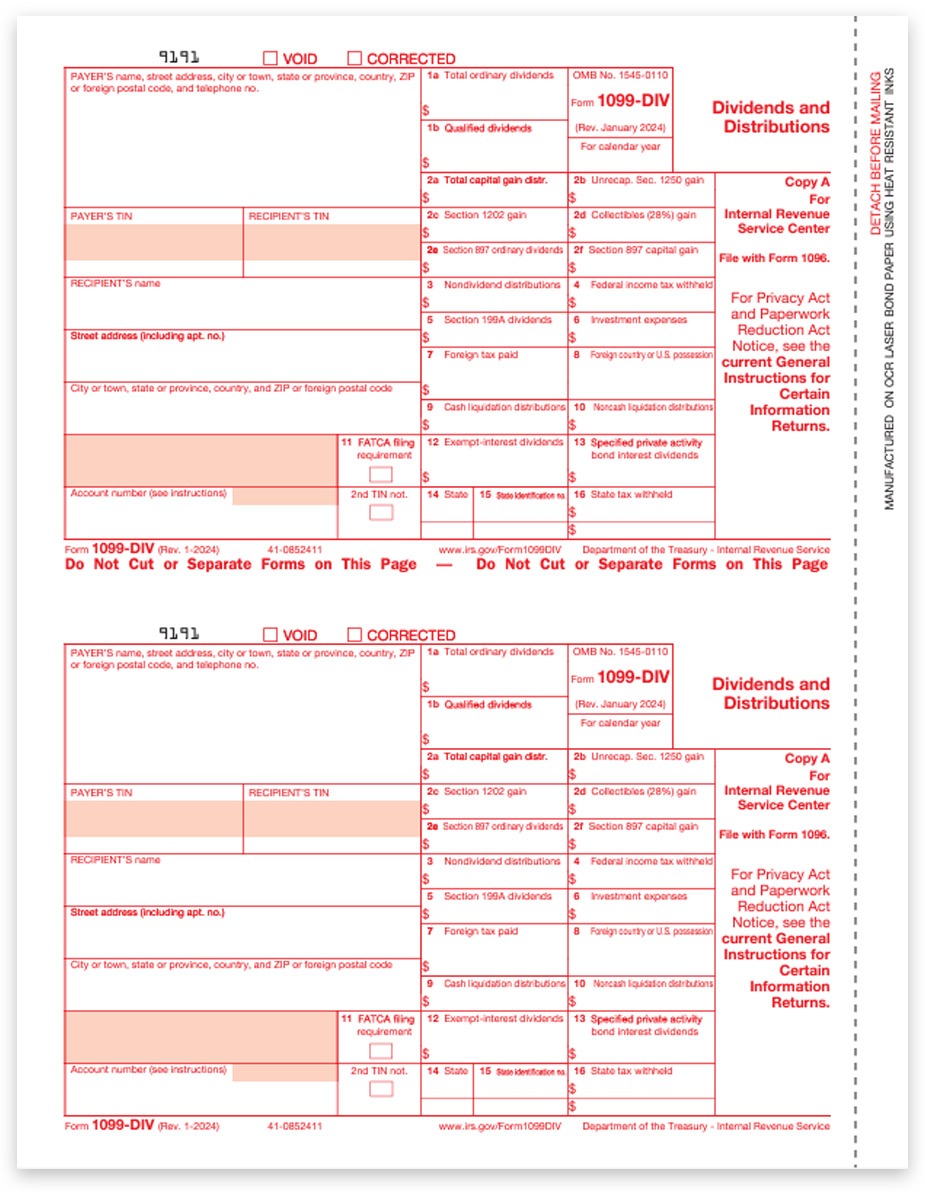 Order 1099DIV Tax Forms, Copy A for IRS, Red-Scannable. Official Preprinted 1099-DIV Forms at Big Discounts, No Coupon Code Needed - DiscountTaxForms.com