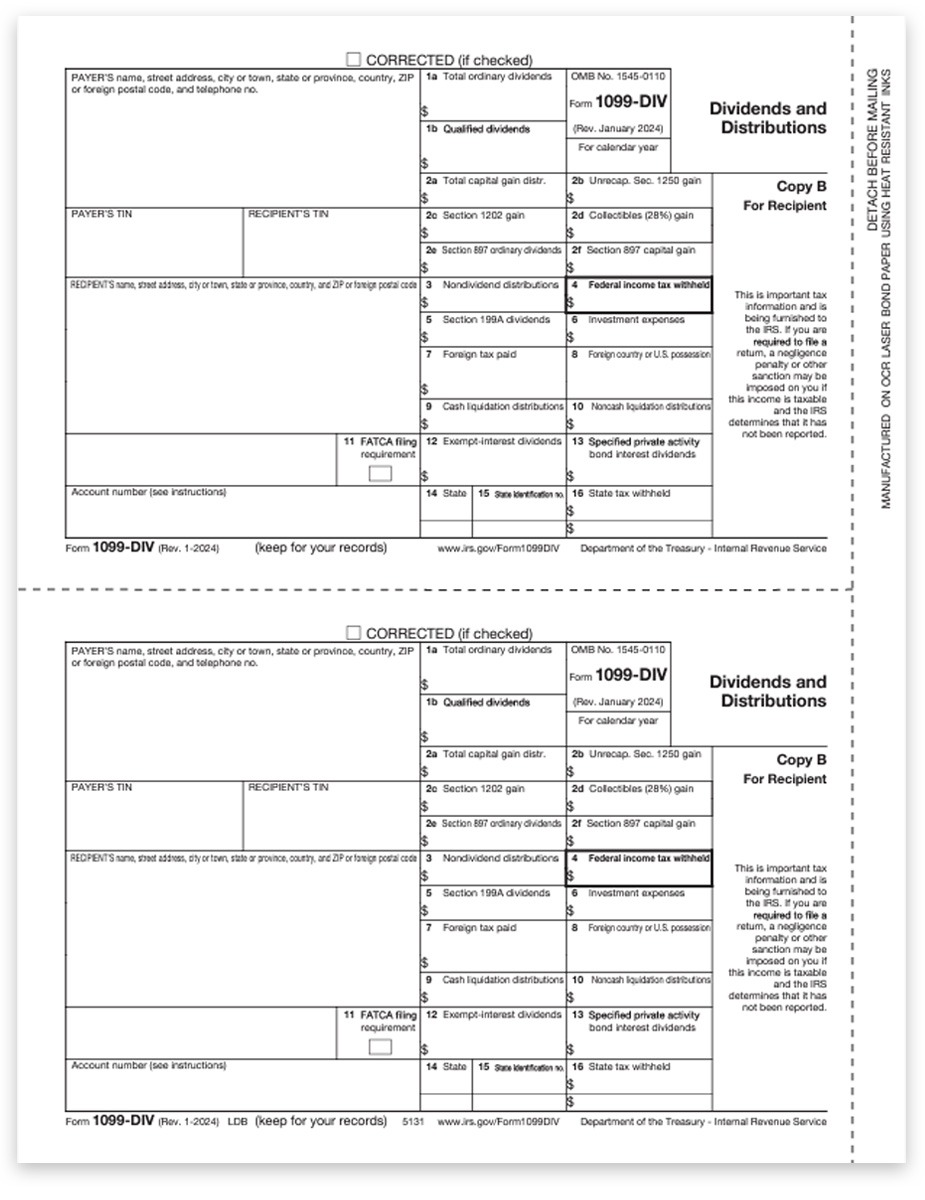 Order 1099DIV Tax Forms, Copy B for Recipient. Official Preprinted 1099-DIV Forms at Big Discounts, No Coupon Code Needed - DiscountTaxForms.com