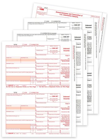 1099INT Tax Forms Set for Interest Income Reporting, Payer & Recipient Copies Plus 1096 Transmittal, Official Preprinted 1099-INT Forms - DiscountTaxForms.com