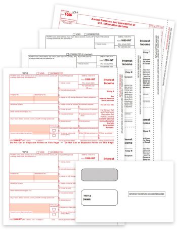 1099INT Tax Form and Envelope Sets for Interest Income Reporting, Payer & Recipient Copies Plus 1096 Transmittal, Official Preprinted 1099-INT Forms - DiscountTaxForms.com