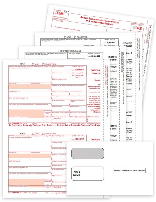1099INT Tax Forms & Envelopes Set for 2022, Payer & Recipient Copies Plus 1096 Transmittal and Security Window 1099 Envelopes, Official Preprinted 1099-INT Forms - DiscountTaxForms.com