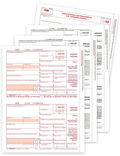 1099INT Tax Forms Set for 2022, Payer & Recipient Copies Plus 1096 Transmittal, Official Preprinted 1099-INT Forms - DiscountTaxForms.com