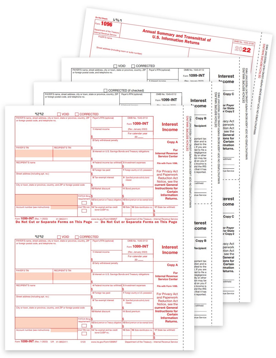 IRS Regulation 1099-INT + SELF-Seal ENVELOPES 25 RECIPIENTS Interest 4-Part Tax Form 