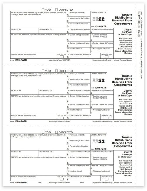 1099PATR Tax Forms for 2022. Official Filer or State Copy C 1099-PATR Forms - DiscountTaxForms.com