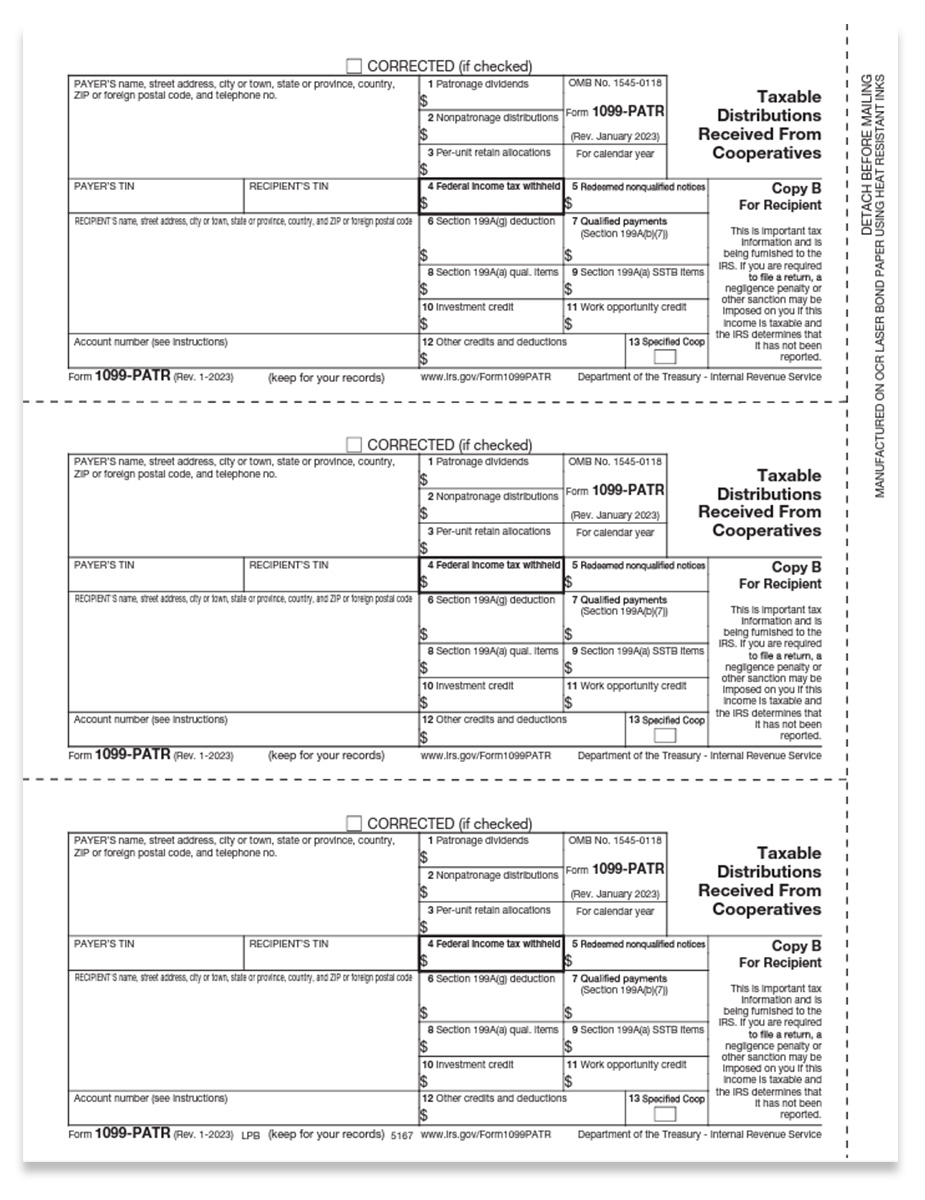 1099PATR Tax Forms for Reporting Taxable Distributions Received from Cooperatives. Official IRS Copy B 1099-PATR Forms for Recipient - DiscountTaxForms.com