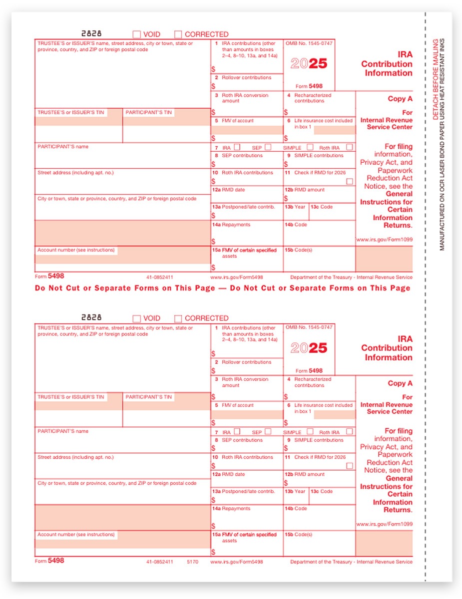 Order 5498 Tax Forms for 2025. IRA Contribution Information. Official IRS Red Copy A Forms - DiscountTaxForms.com