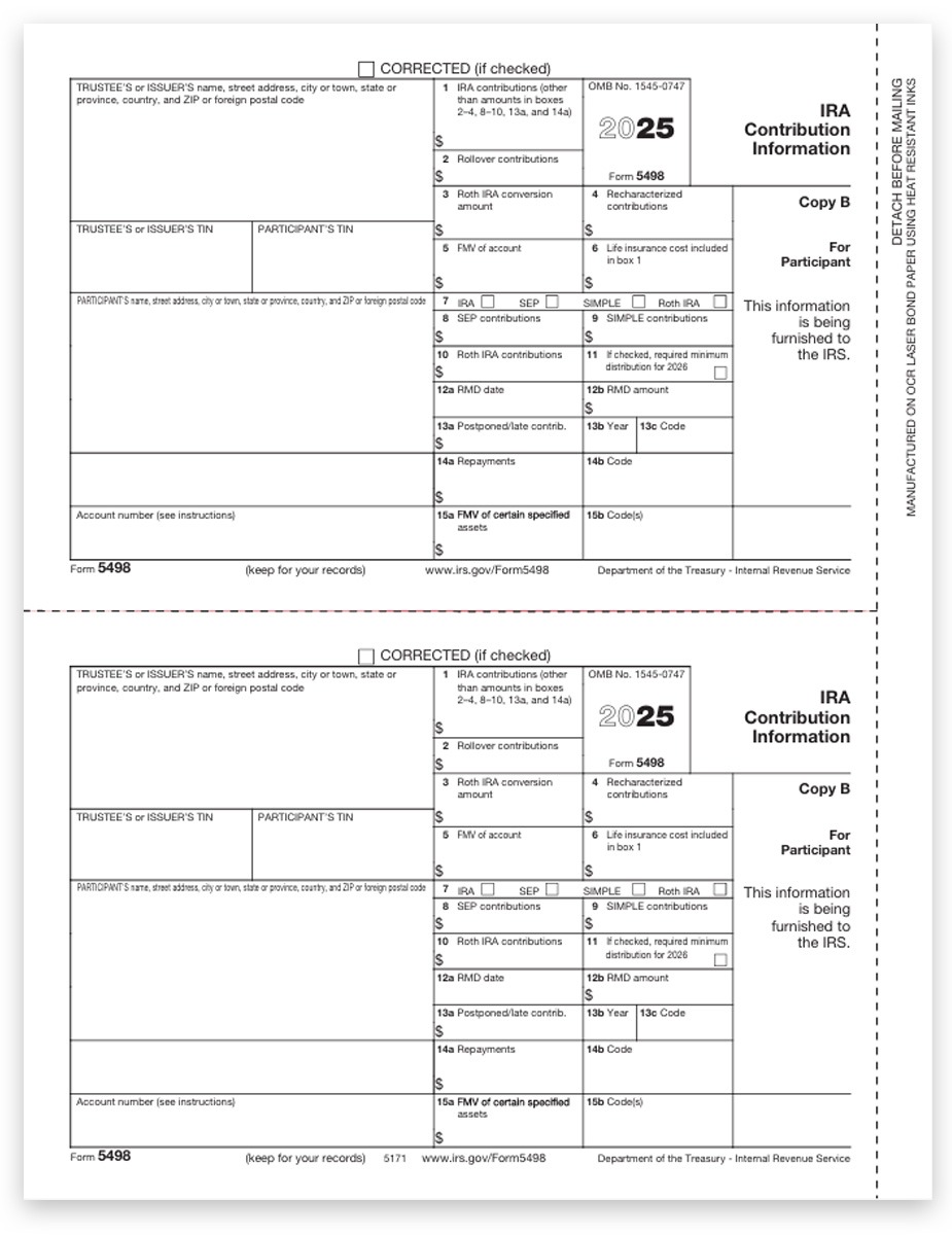 Order 5498 Tax Forms for 2025. IRA Contribution Information. Official Participant Copy B Forms - DiscountTaxForms.com