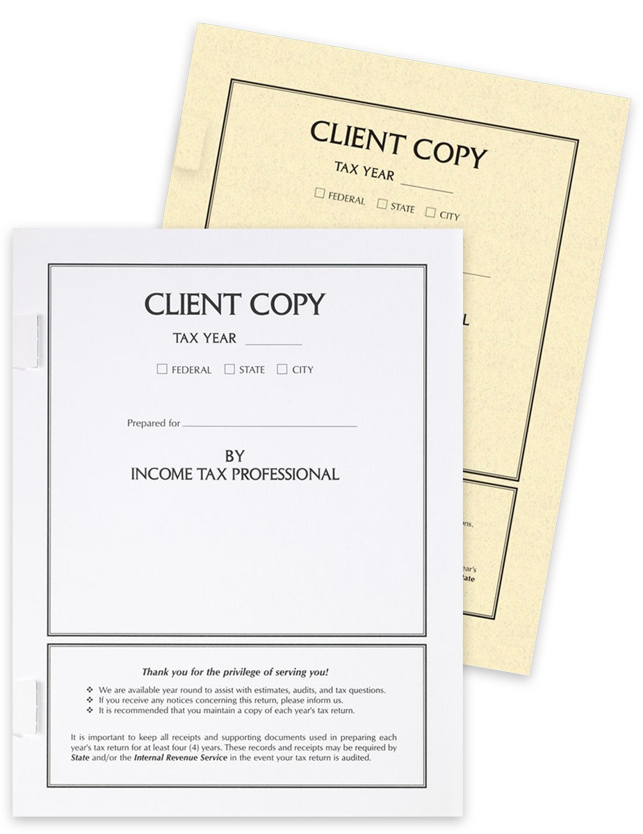 Client Copy Tax Return Covers for Accountants. Side Staple Tabs and Expandable Score. White, Cream Colors - DiscountTaxForms.com
