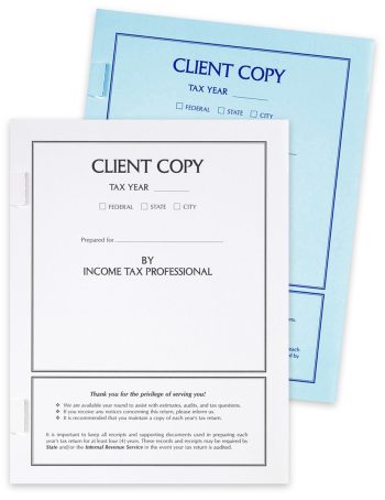 Client Copy Tax Return Covers with Side Staple Tabs, White or Light Blue, Discount Prices - No Coupon Needed - DiscountTaxForms.com