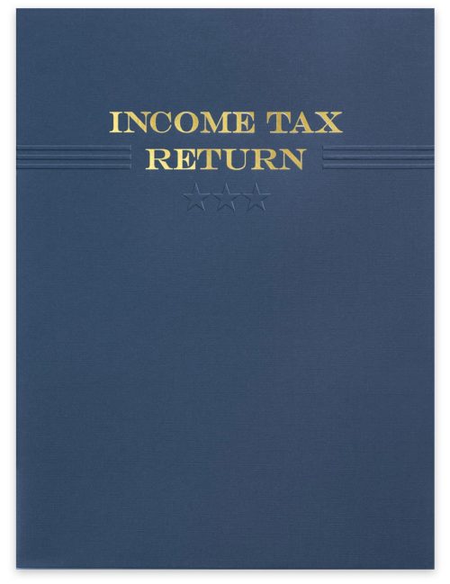 Tax Return Folders with Pockets, Embossed and Foil Stamped Design, Blue & Gold - DiscountTaxForms.com