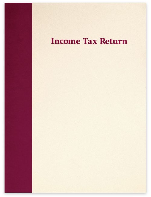 Income Tax Return Folders with 2 Pockets, Ivory Paper with Dark Burgundy Red Accent Color Printing, Prestigious Design - DiscountTaxForms.com