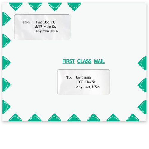 Large First Class Mail Envelope, Landscape Format, Double Window, Green. 11-1/2" x 9-1/2" - DiscountTaxForms.com