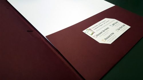 Pocket tax folders with business card diecut and 2 windows for slipsheets - DiscountTaxForms.com