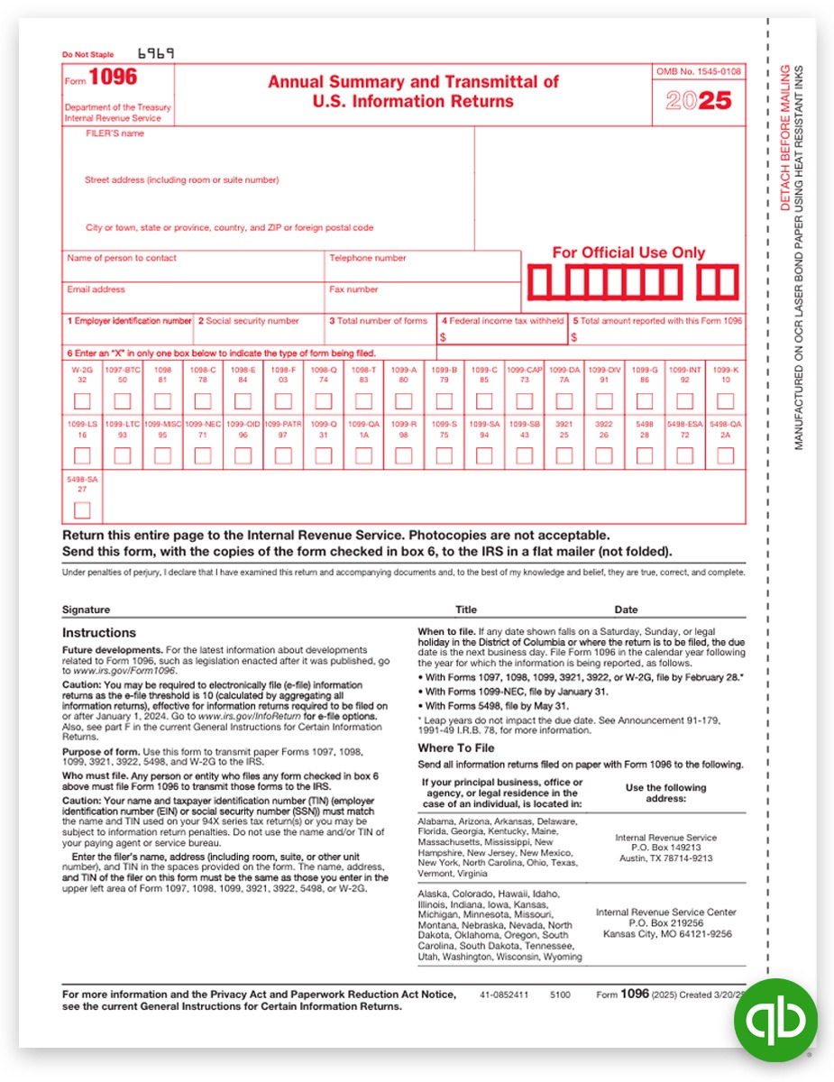 Order Intuit QuickBooks Compatible 1096 Summary & Transmittal Forms for 1099 Form Filing in 2025. Easy Efile Options. Big Discounts, No Coupon Needed - DiscountTaxForms.com