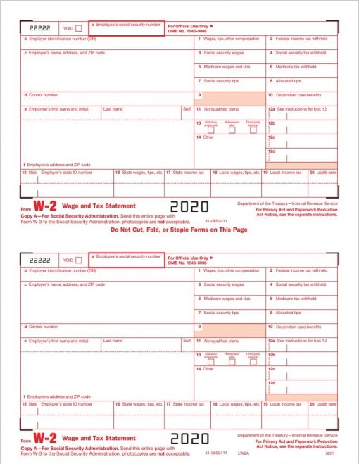 QuickBooks W2 Copy A, Red Form for Federal