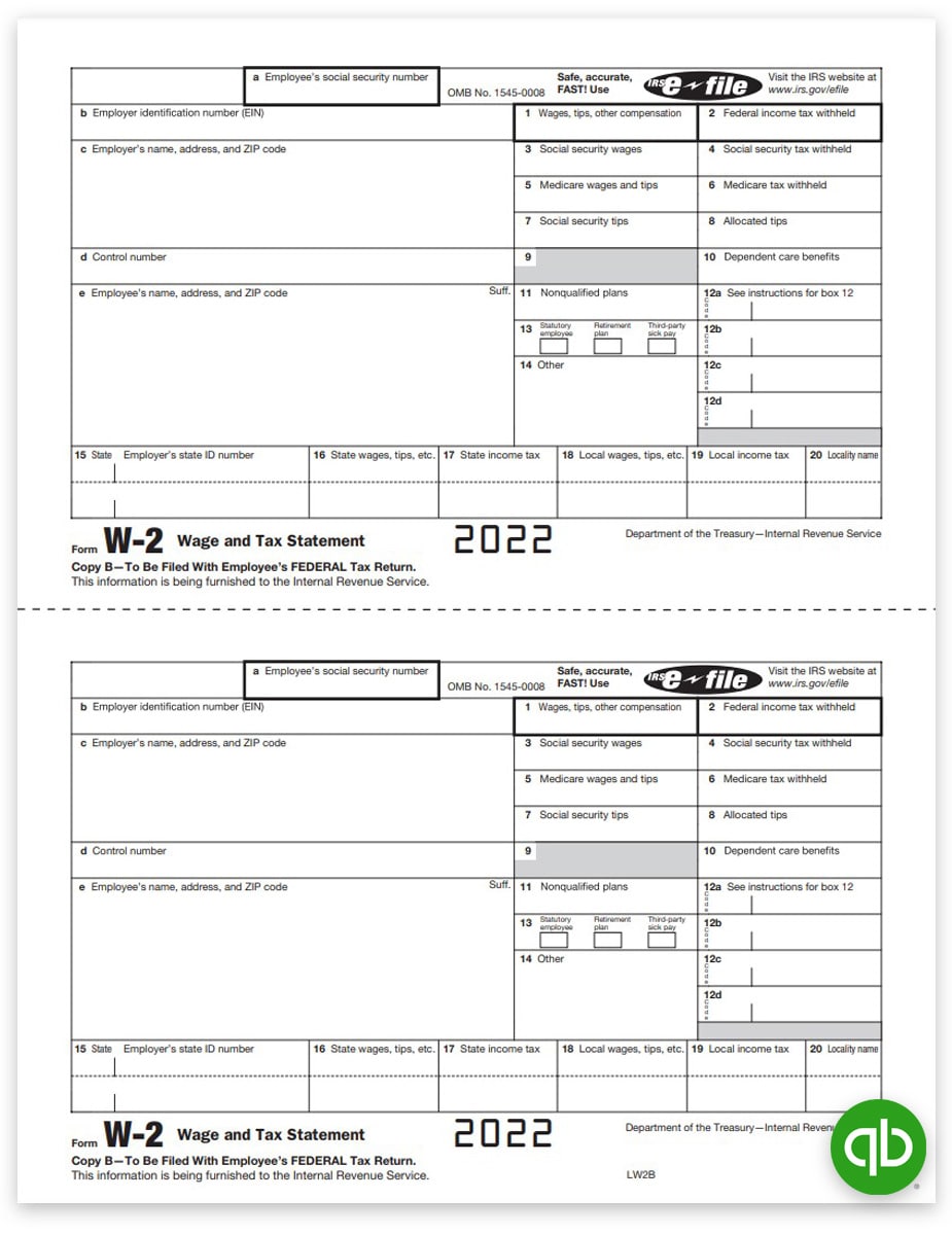 QuickBooks W2 Form Copy B for Employees