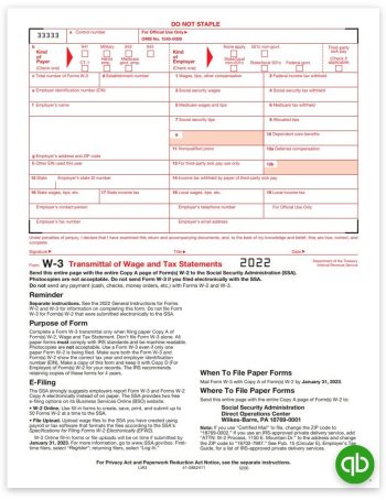 Intuit QuickBooks W3 Transmittal Forms, Compatible with QuickBooks Software, Official Red Scannable W-3 Forms at Discount Prices - No Coupon Needed - DiscountTaxForms.com