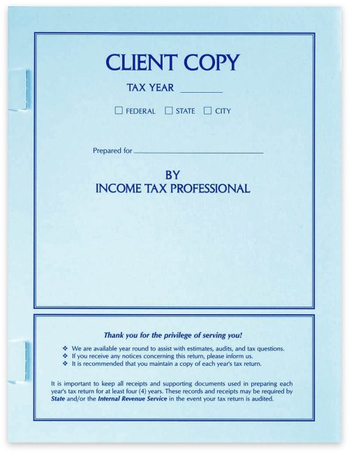 Client Copy Tax Return Covers with Side Staple Tabs, Light Blue, Space to Write Client Information - DiscountTaxForms.com