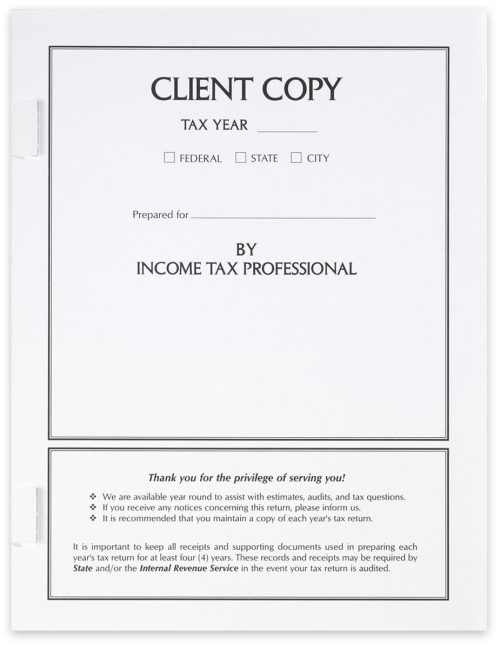 Client Copy Tax Return Covers with Side Staple Tabs, White, Space to Write Client Information - DiscountTaxForms.com