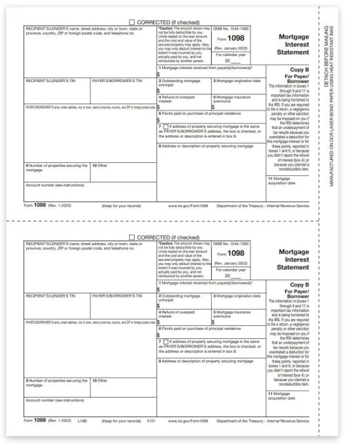 1098 Tax Forms, Payer / Borrower Copy B, Preprinted 1098 Forms - DiscountTaxForms.com