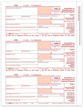 1099A Tax Forms for 2022, IRS Copy A Red Scannable Official 1099-A Tax Forms for Abandonment or Acquisition of Secured Property- DiscountTaxForms.com