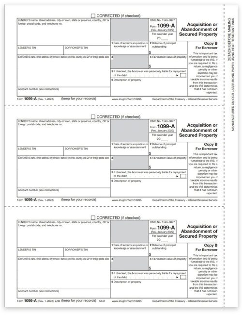 1099A Tax Forms for 2022, Borrower Copy B Official 1099-A Tax Forms for Abandonment or Acquisition of Secured Property - DiscountTaxForms.com