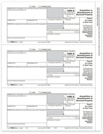 1099A Tax Forms for 2022, File or State Copy C Official 1099-A Tax Forms for Abandonment or Acquisition of Secured Property - DiscountTaxForms.com