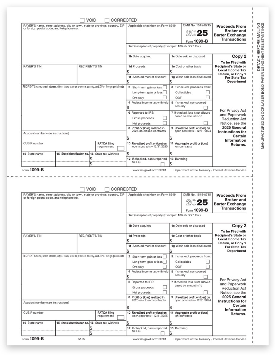 1099B Tax Forms for 2025, File or State Copy 2 Official 1099-B Form for Proceeds from Broker or Barter Exchange Transactions. Easy E-File Options - DiscountTaxForms.com