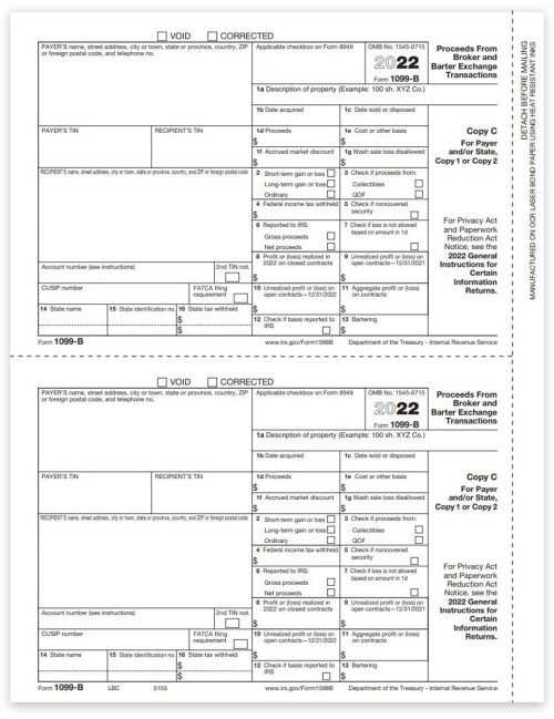 1099B Tax Forms for 2022, File or State Copy C Official 1099-B Form for Proceeds from Broker or Barter Exchange Transactions - DiscountTaxForms.com