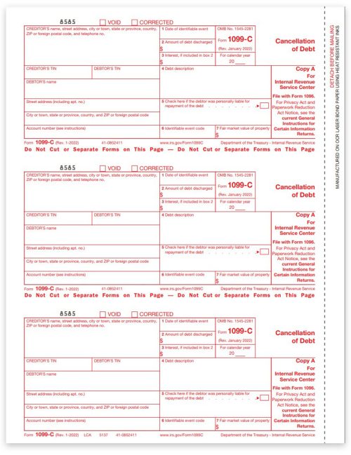1099C Tax Forms for 2022, IRS Copy A 1099-C Forms for Cancellation of Debt - DiscountTaxForms.com